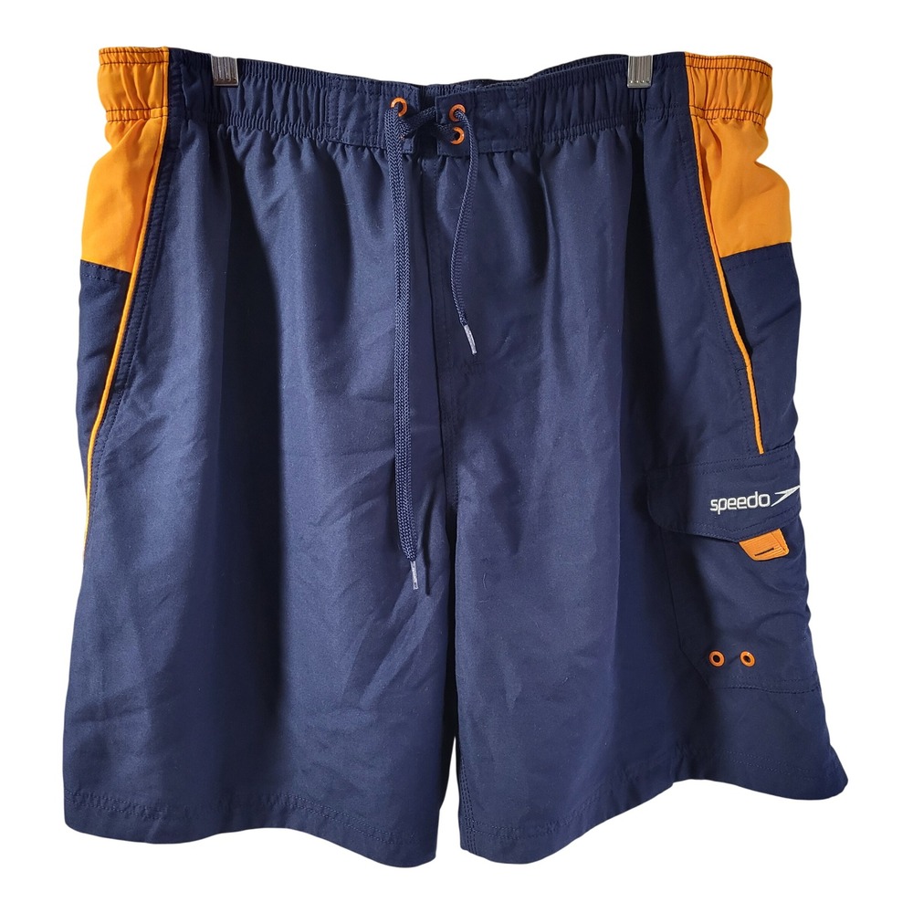 Speedo Mens Volley Swim Shorts Navy Blue Orange Cargo Pocket Mesh Liner XXL